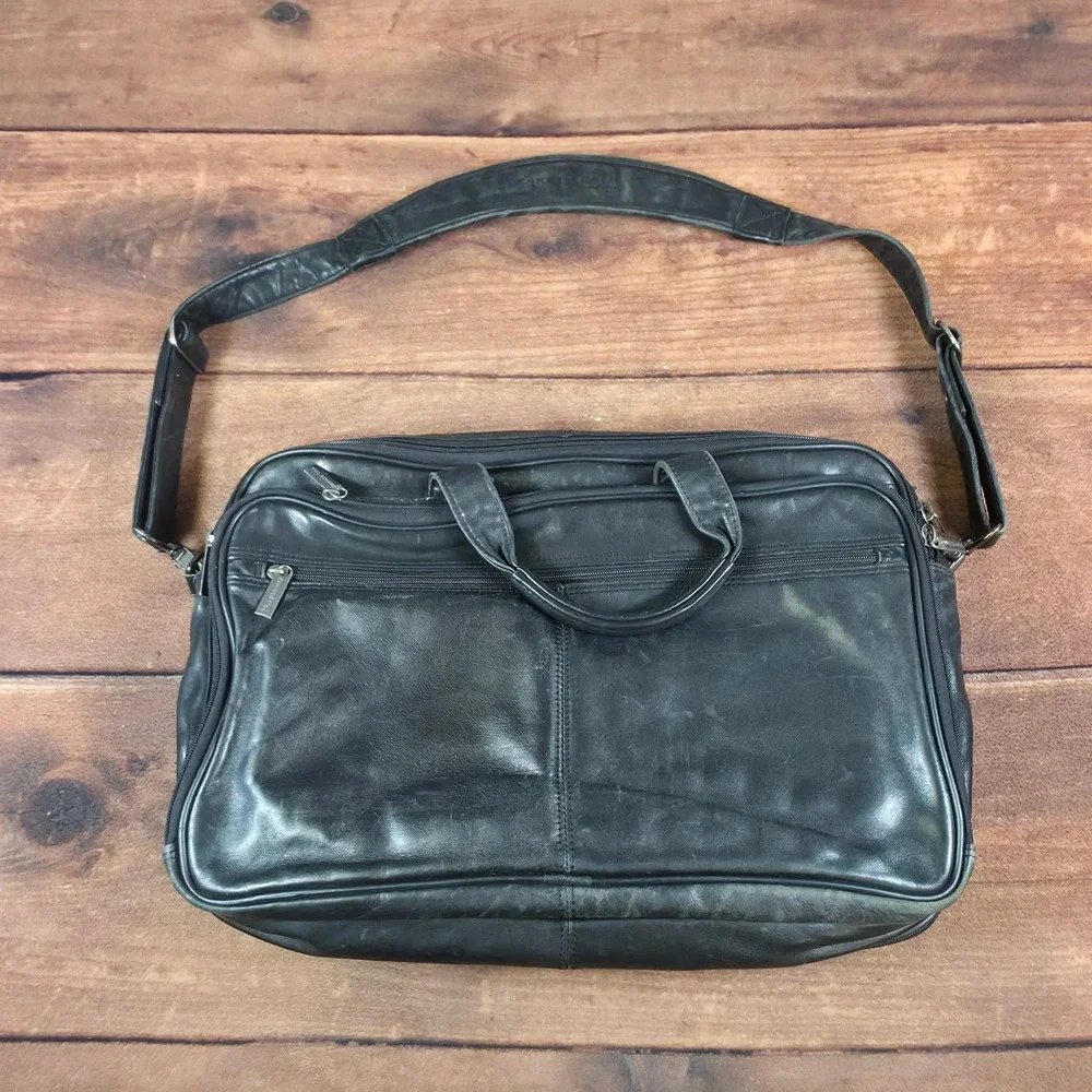 Kenneth Cole Briefcase Mens OS Black Good Leather Multi-Pocket Messenger Bag